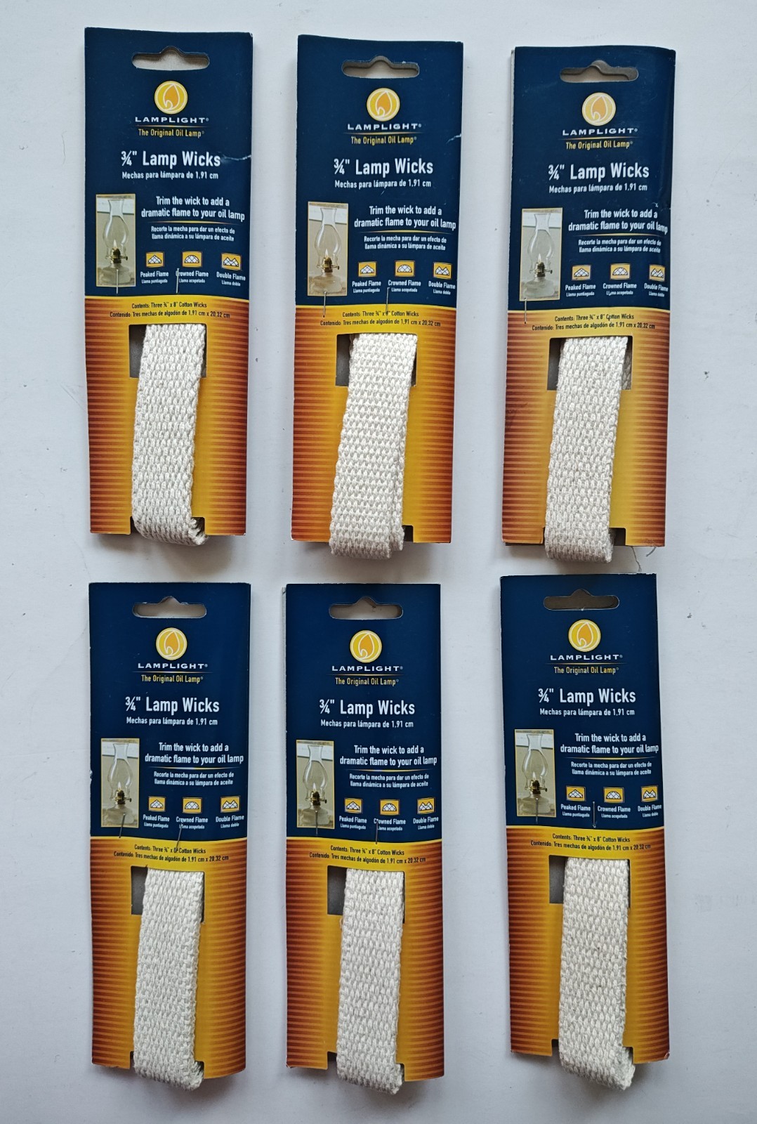 Lamplight 3/4" x 8" Cotton Oil Lamp Wicks Lot of 6 Packs x 3 Each = 18 Total Set