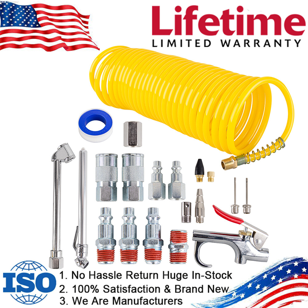 Air Compressor Accessory Kit 25Ft Recoil Hose Gun Nozzles Set 1/4" NPT(20Pcs)