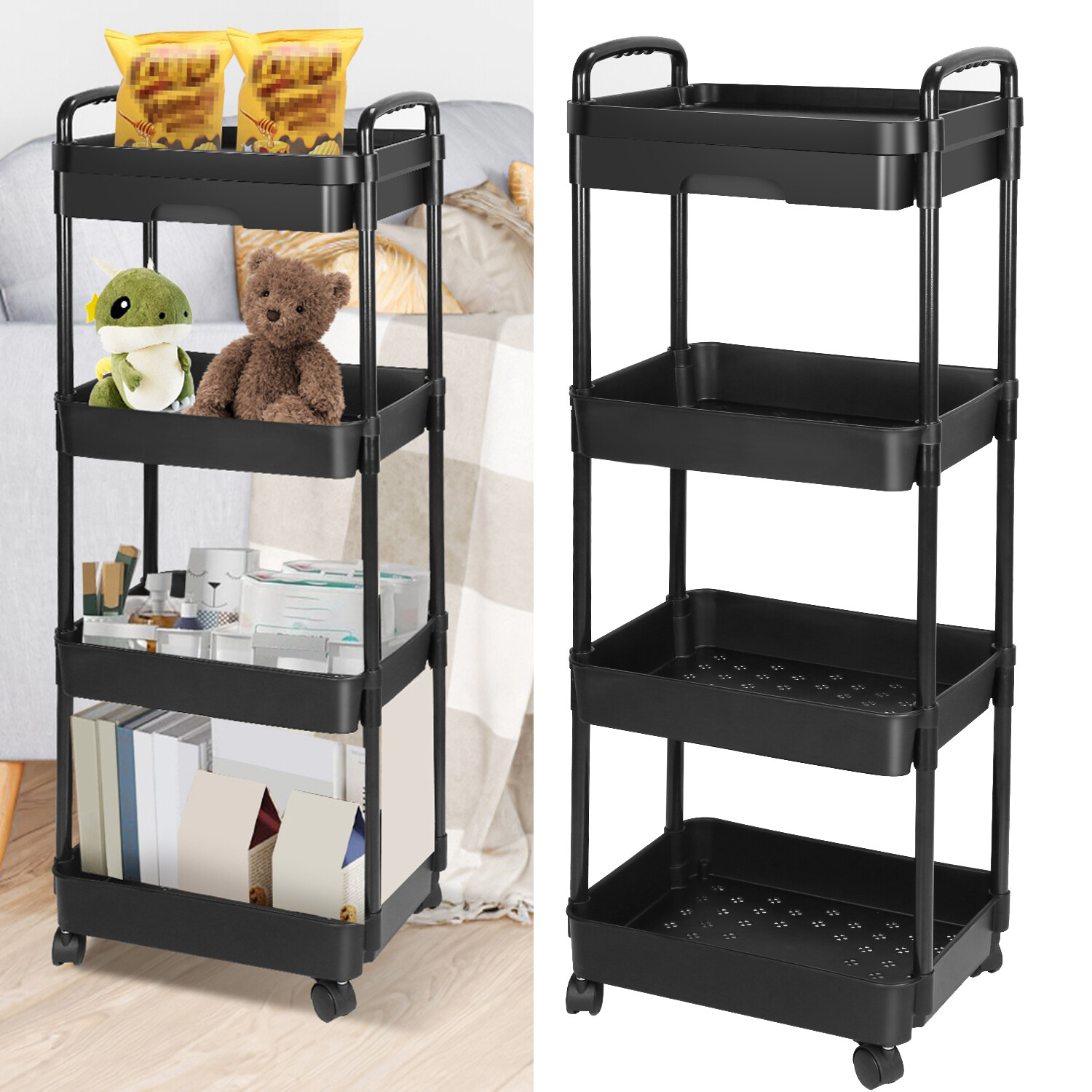 3/4 Tier Rolling Utility Cart Space Storage Carts for Bedroom Bathroom Kitchen