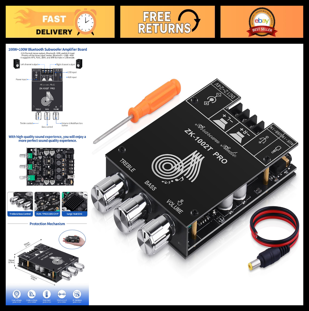 200W Bluetooth 5.0 Amplifier Board | HiFi 2.0 Channel Stereo AMP Module, USB/AUX
