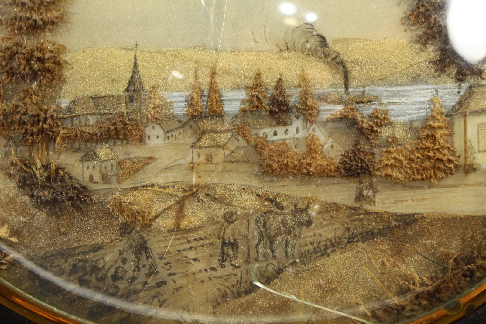 Antique 19th C. Mixed Media Reverse Glass Grisaille Diorama Oval Ebonized Frame