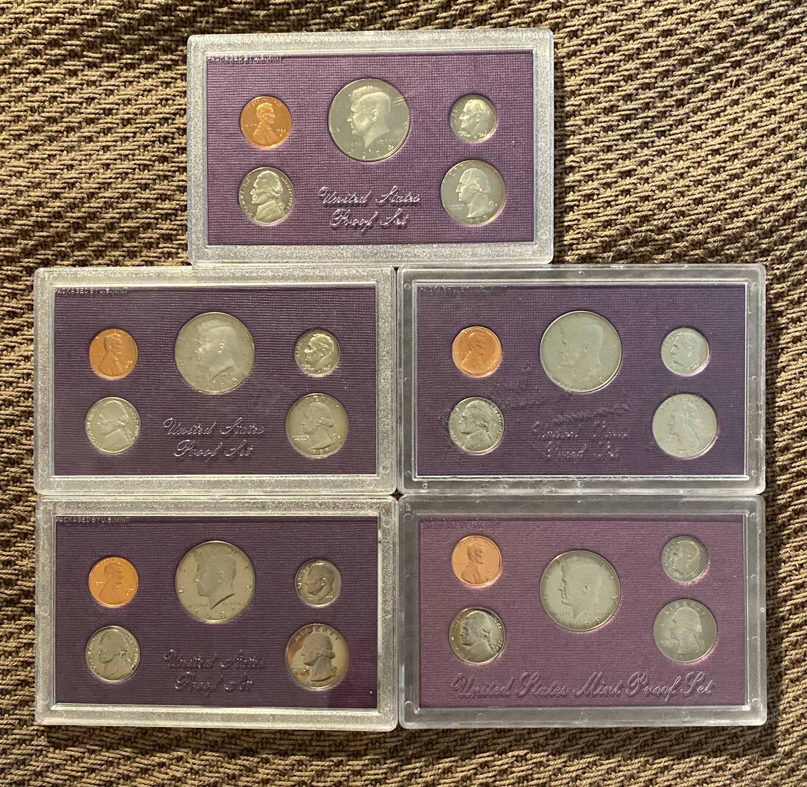 United States Mint Proof Set 1984-S, 1985-S, 1986-S, 1987-S, 1988-S -- lot of 5