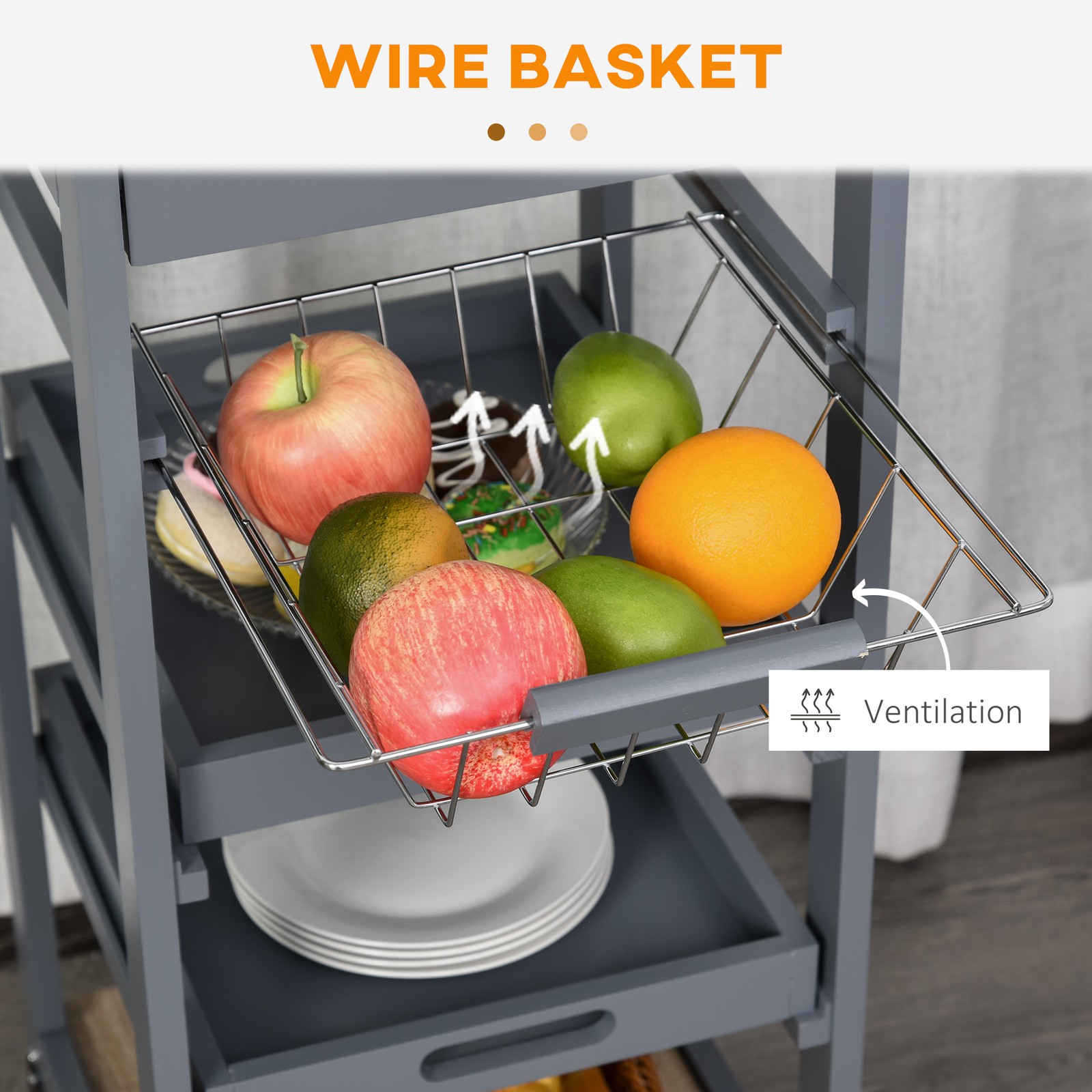 Rolling Kitchen Cart w/ Drawer, Basket, Trays & Solid Wood Frame, Gray