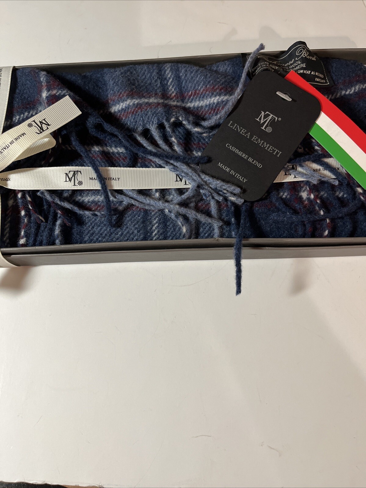 Linea Emmeti MT Made in Italy Cashmere Blend Mens Scarf NWT Blue Plaid
