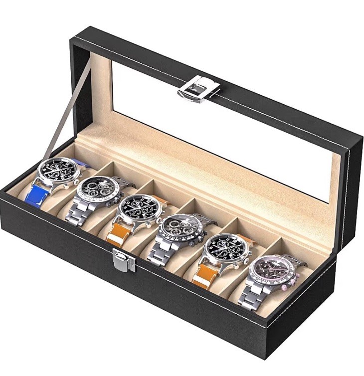 Ausalivan Watch Display Case For Men,Leather 6 Slots, Black Leather