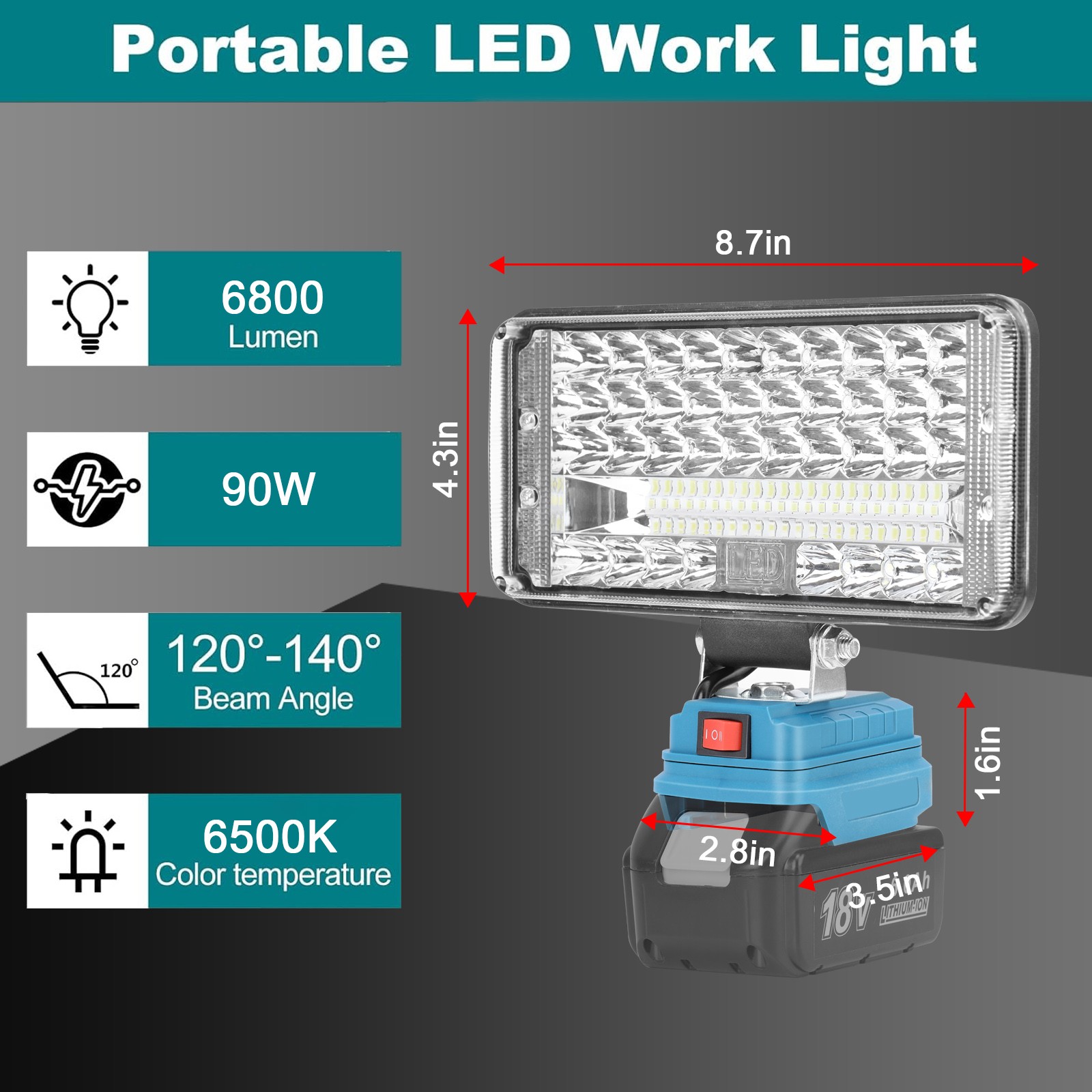 90W 18V LED Work Light Flashlight Compatible with Makita 18V LXT Battery