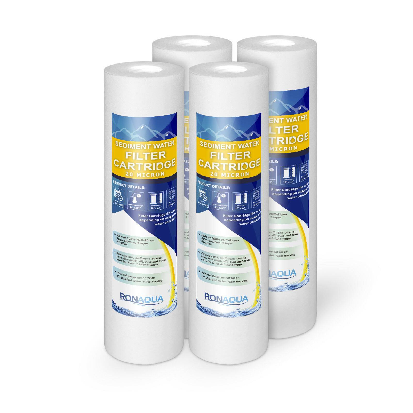 4  Sediment 20 Micron Water Filter Cartridges 2.5" x 10" for Reverse Osmosis