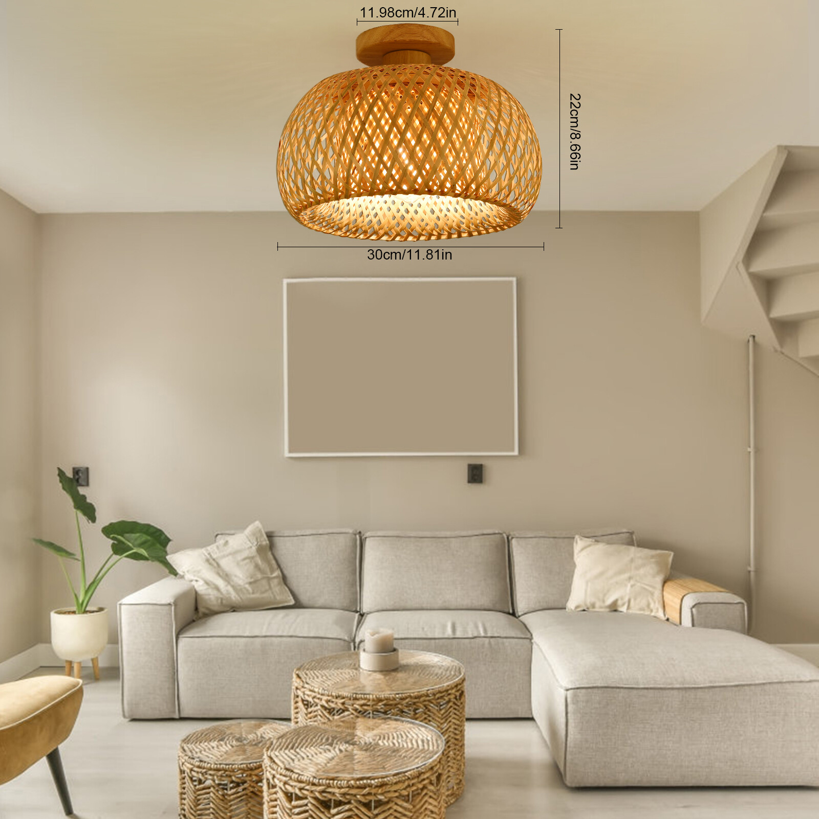 110V E26 Ceiling Light Semicircle Bamboo Pendant Light 60W Indoor Hanging Lamp