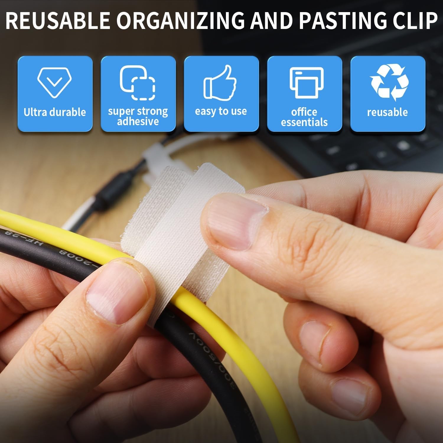 60-Pack Hook & Loop Cable Ties with Adhesive Clips for Home & Office
