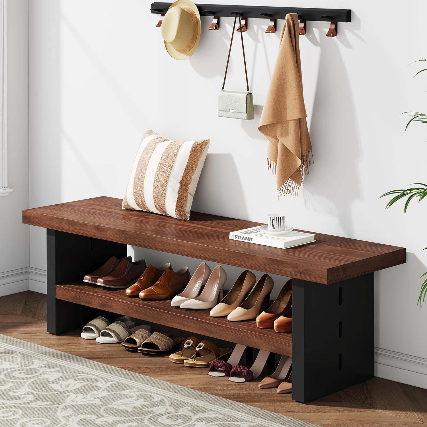 47" Solid Wood Entryway Bench with Shoe Storage, 2-Tier Modern Farmhouse Hallway