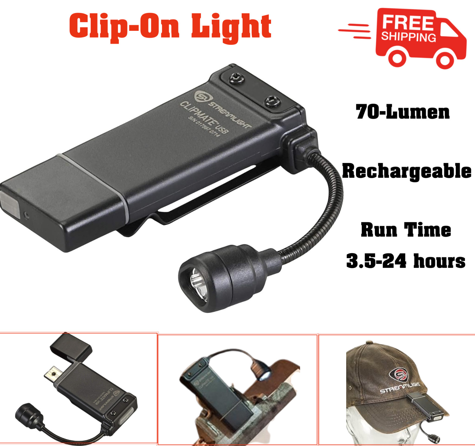 Streamlight ClipMate USB Clip On Light 61125 70-Lumen USB Rechargeable, Black