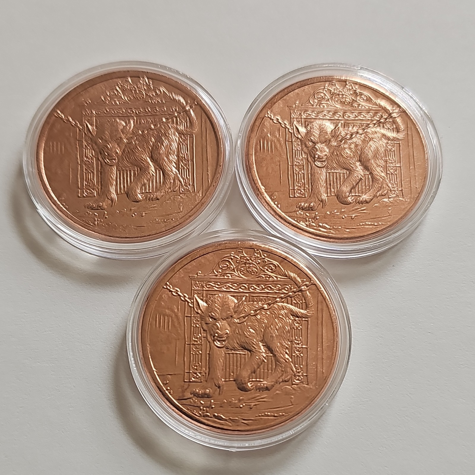 Lot of 3 Copper 1 oz Rounds "Garm the Hellhound" Design in Capsules