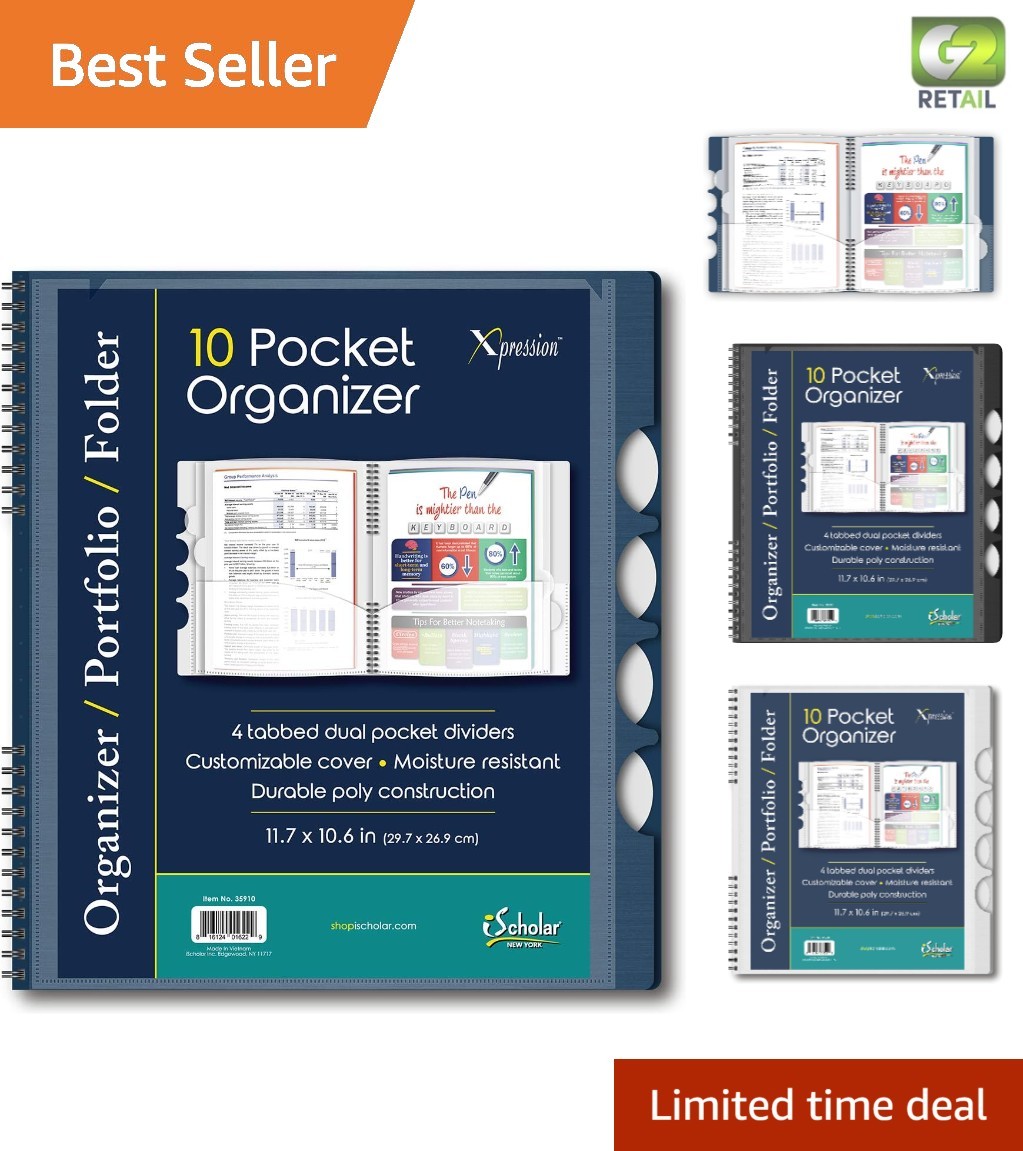 Elegant 10 Pocket Poly Folder - 12.2 x 11 Inch, Assorted Colors for Organization