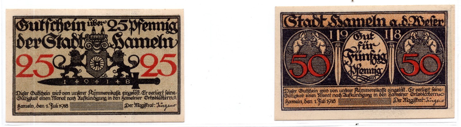 1918 Germany Hameln Notgeld 2 Note Set (2096)