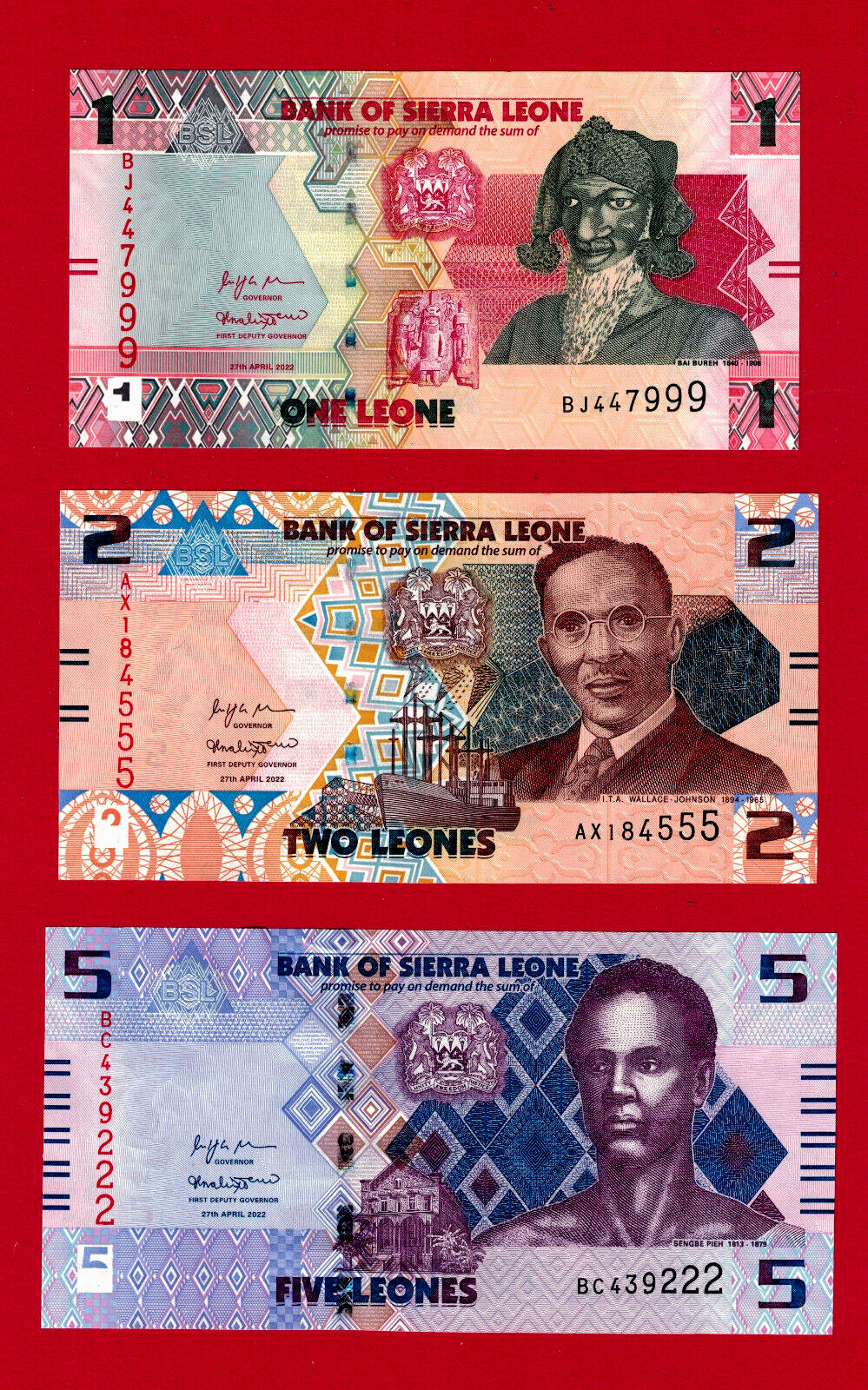 1, 2, 5 Leones 2022 Sierra Leone UNC NOTES (P-34-35-36) Different Pref & Serial#