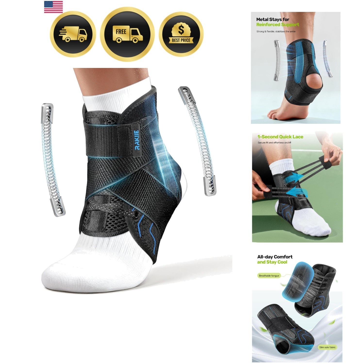 Quick Lace Up Ankle Brace with 2 Metal Support Stays, Breathable Stabilizer f...