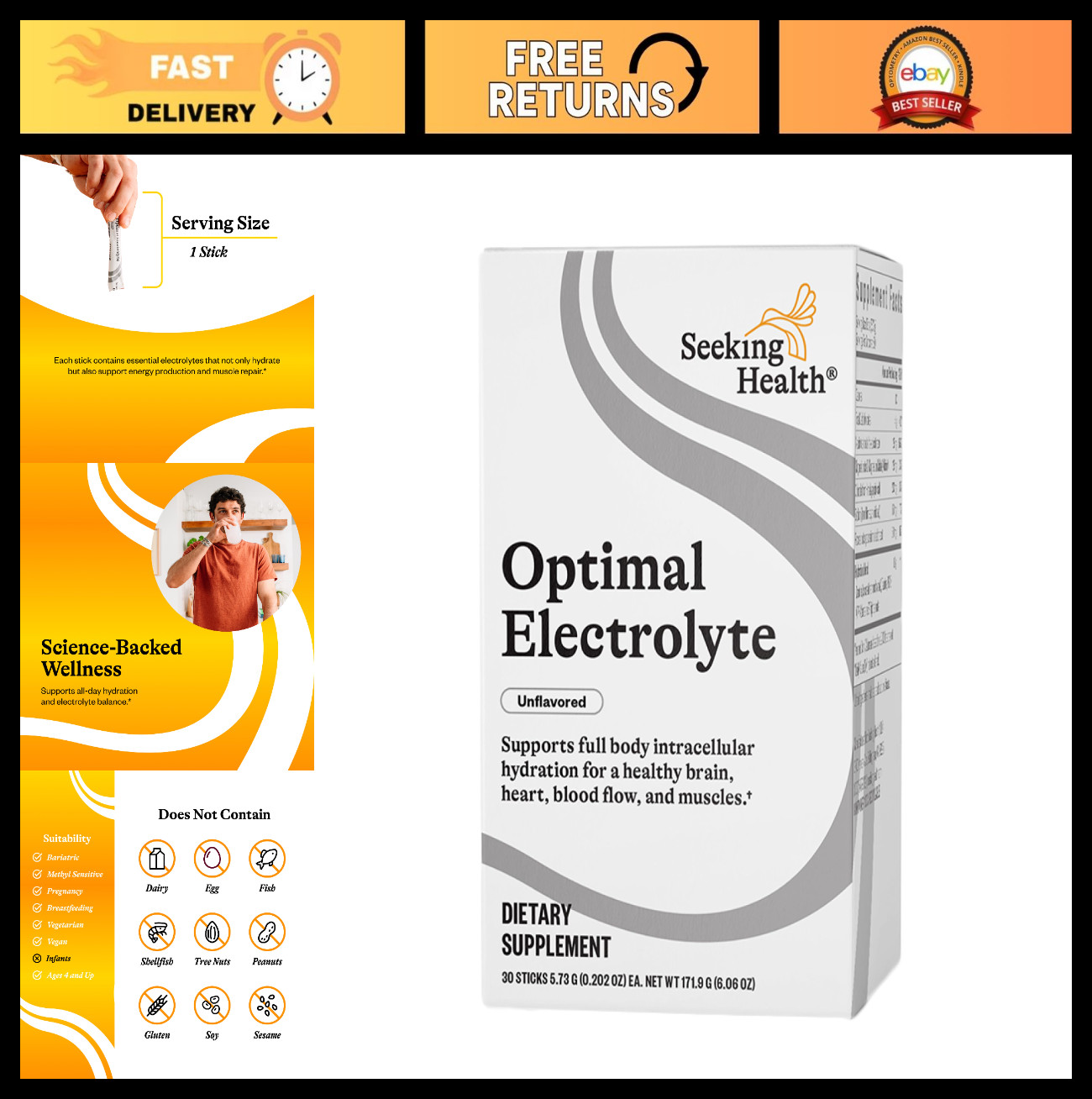 Electrolyte Drink Sticks for Hydration & Muscle Recovery - Vegan, Gluten-Free, 3
