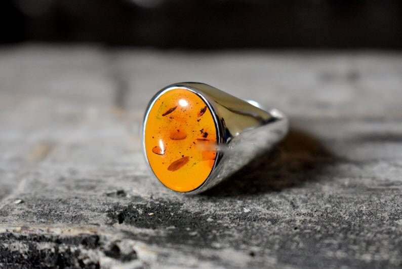 Solid 925 Sterling Silver Natural Baltic Amber Gemstone Birthday Gift Men's Ring
