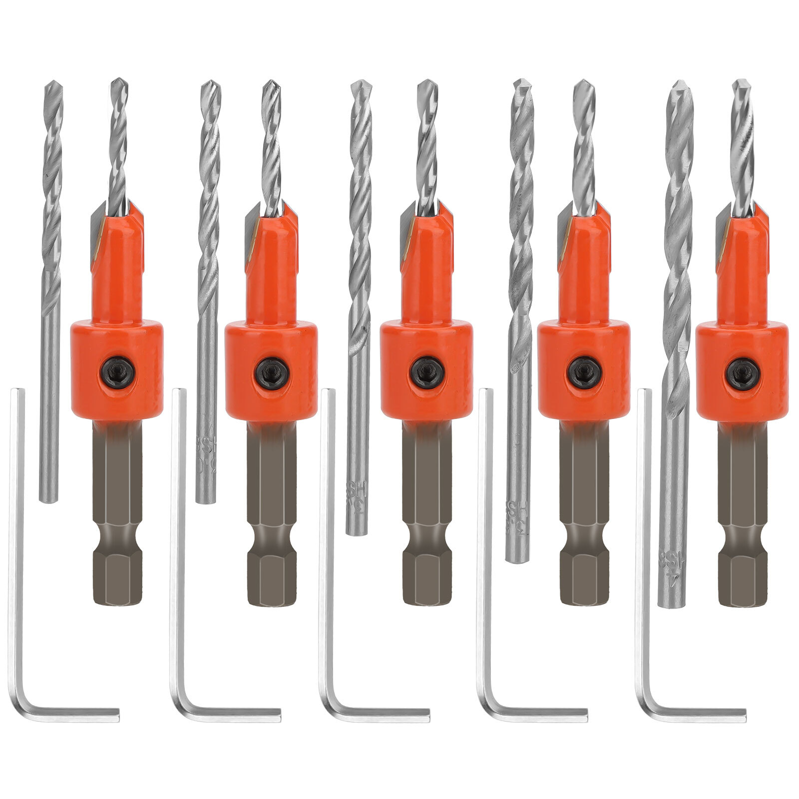 5PCS Countersink Drill Bits 1/4" Hex Shank Tapered Bits w/ Hex Wrench for Wood