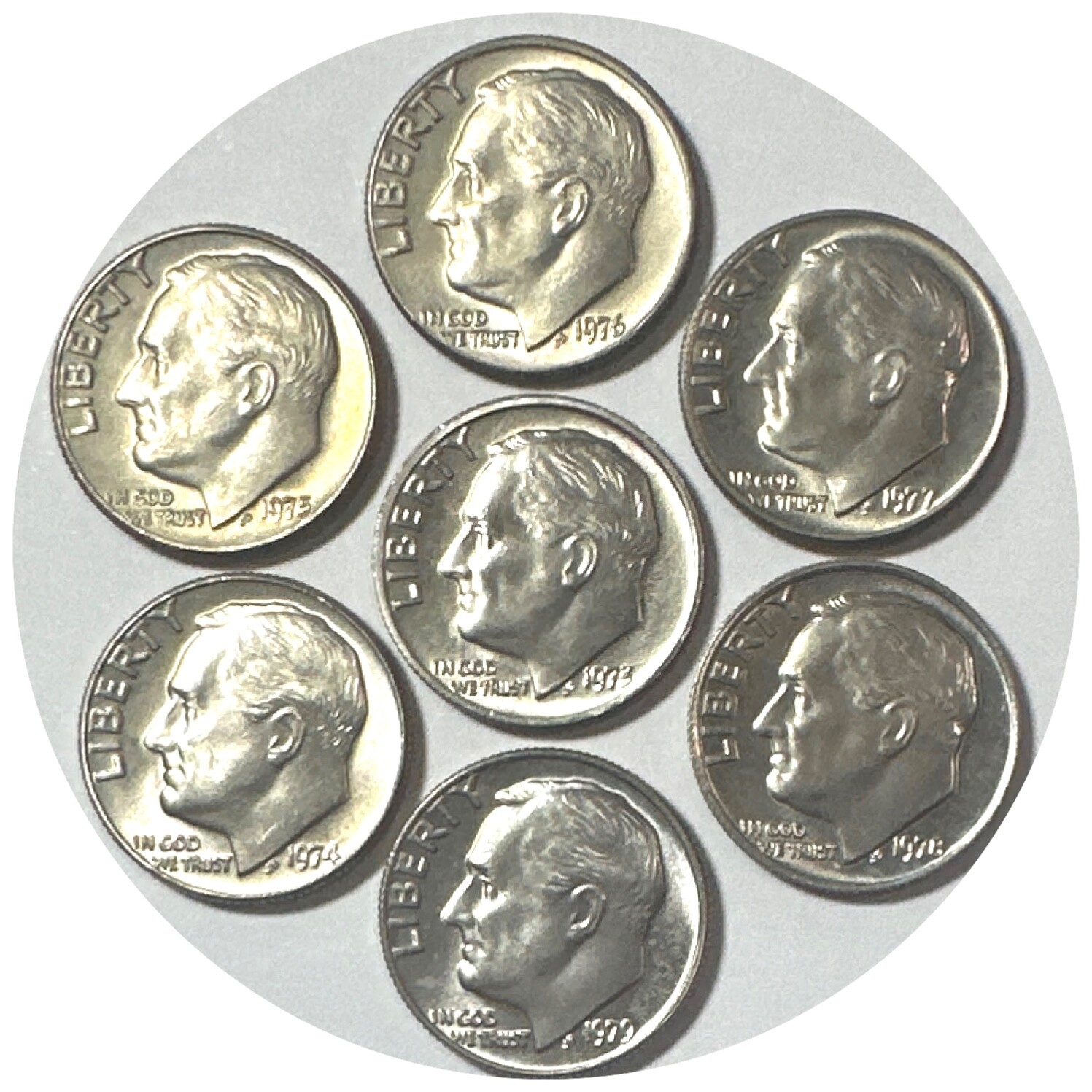 Lot of 7 Brilliant Uncirculated U.S. Roosevelt Dimes 1973 - 1979 Philadelphia MM