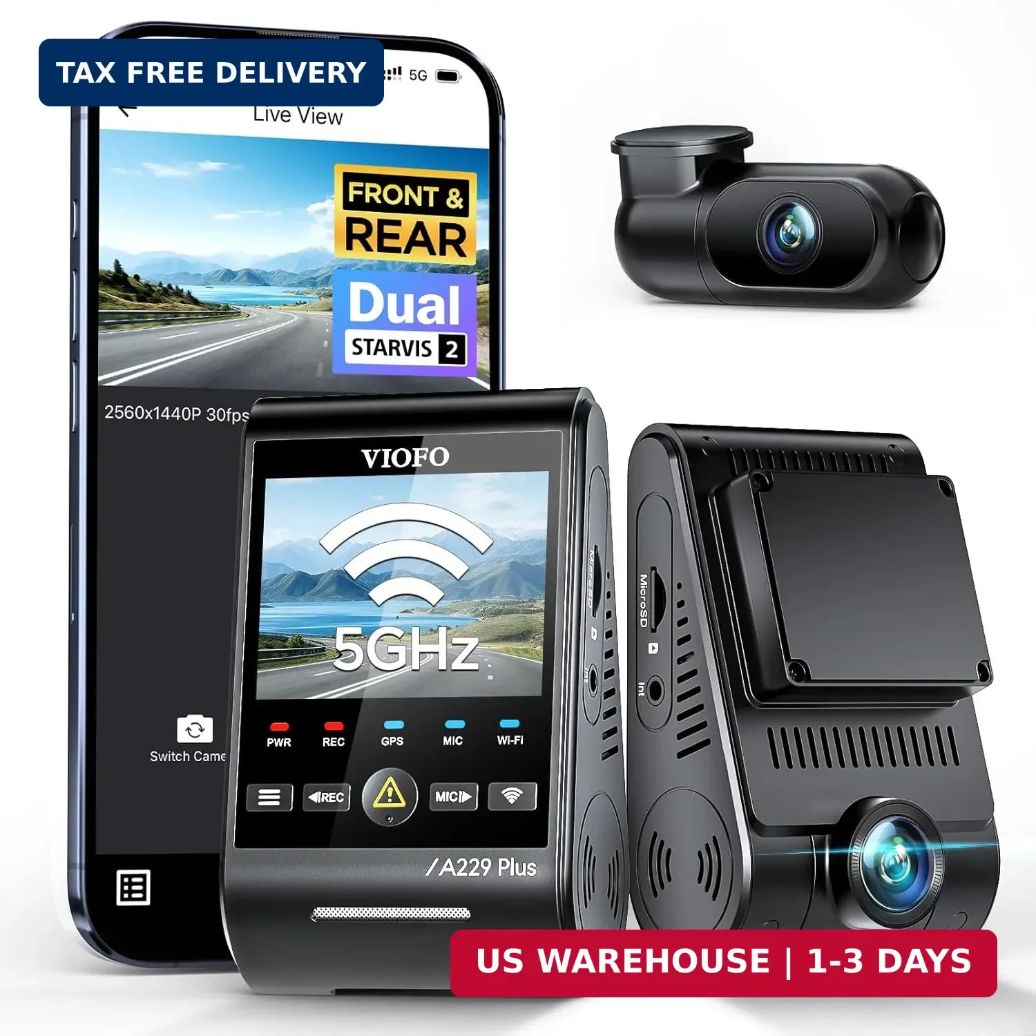 A229 Plus Dash Cam Front and Rear, Dual STARVIS 2 Sensors, 2 Channel HDR, 1440P+