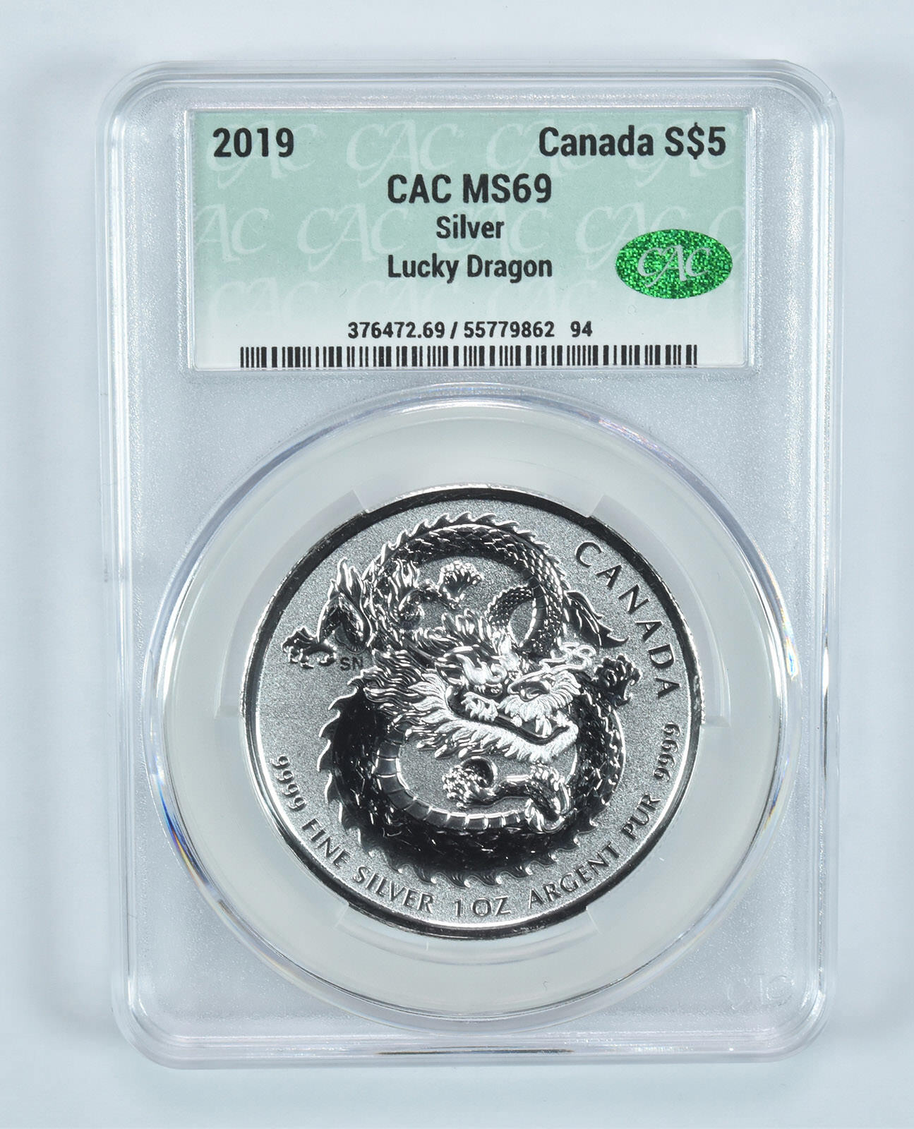 2019 Canada 5 Dollars Silver Lucky Dragon MS69 CAC CACg