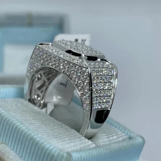 3Ct Round Cut Real Moissanite Men's Pinky Ring 14k White Gold Plated Silver