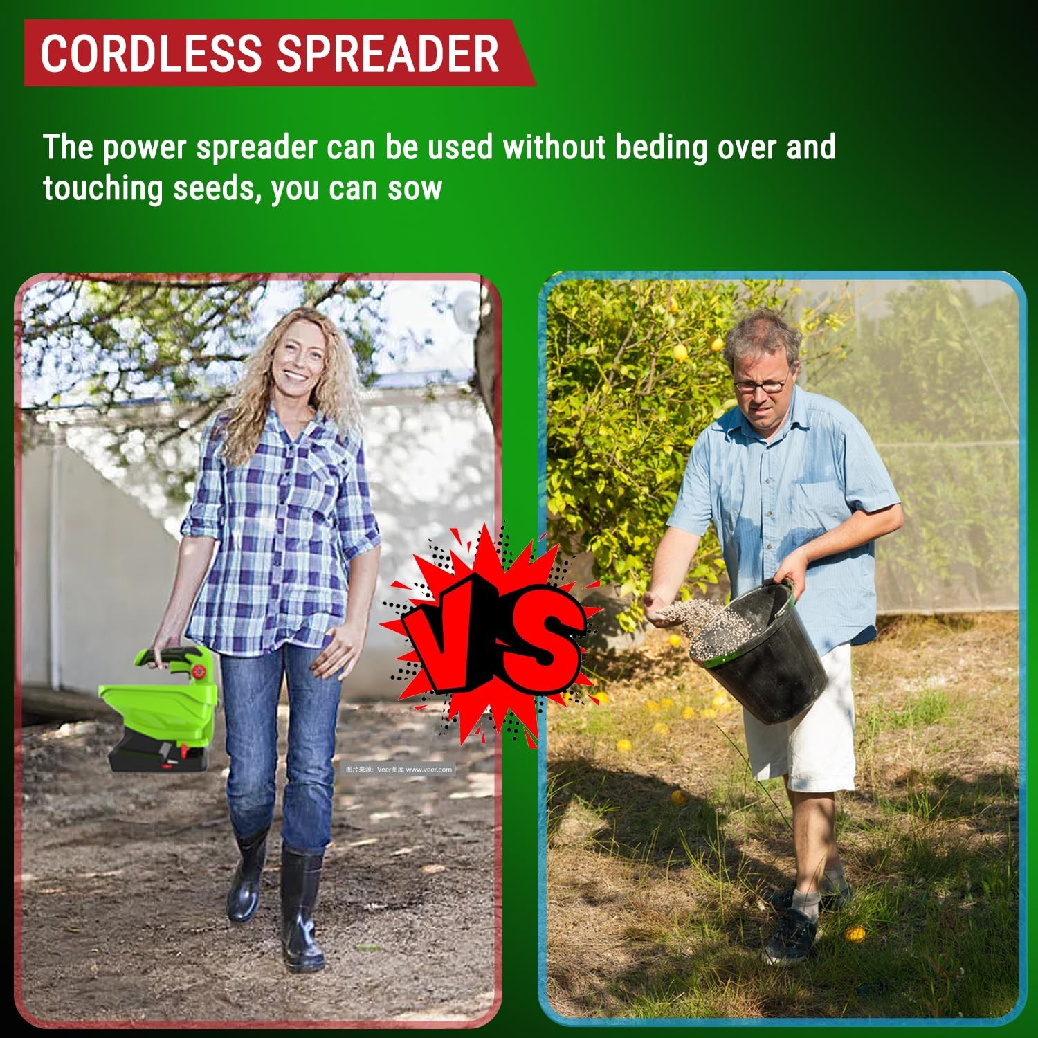 GARCARE 7.2V Cordless Seed Spreader - Capacity 3.3L, 2.0Ah Built-in green