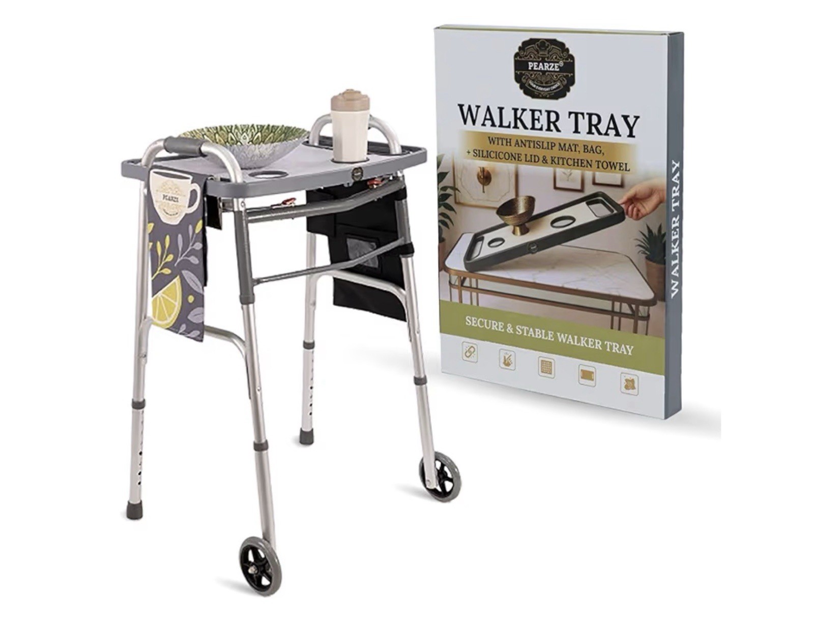 Pearze®️ Walker Tray for Rolling Folding Walker with Cup Holders ~ Nonslip Mat