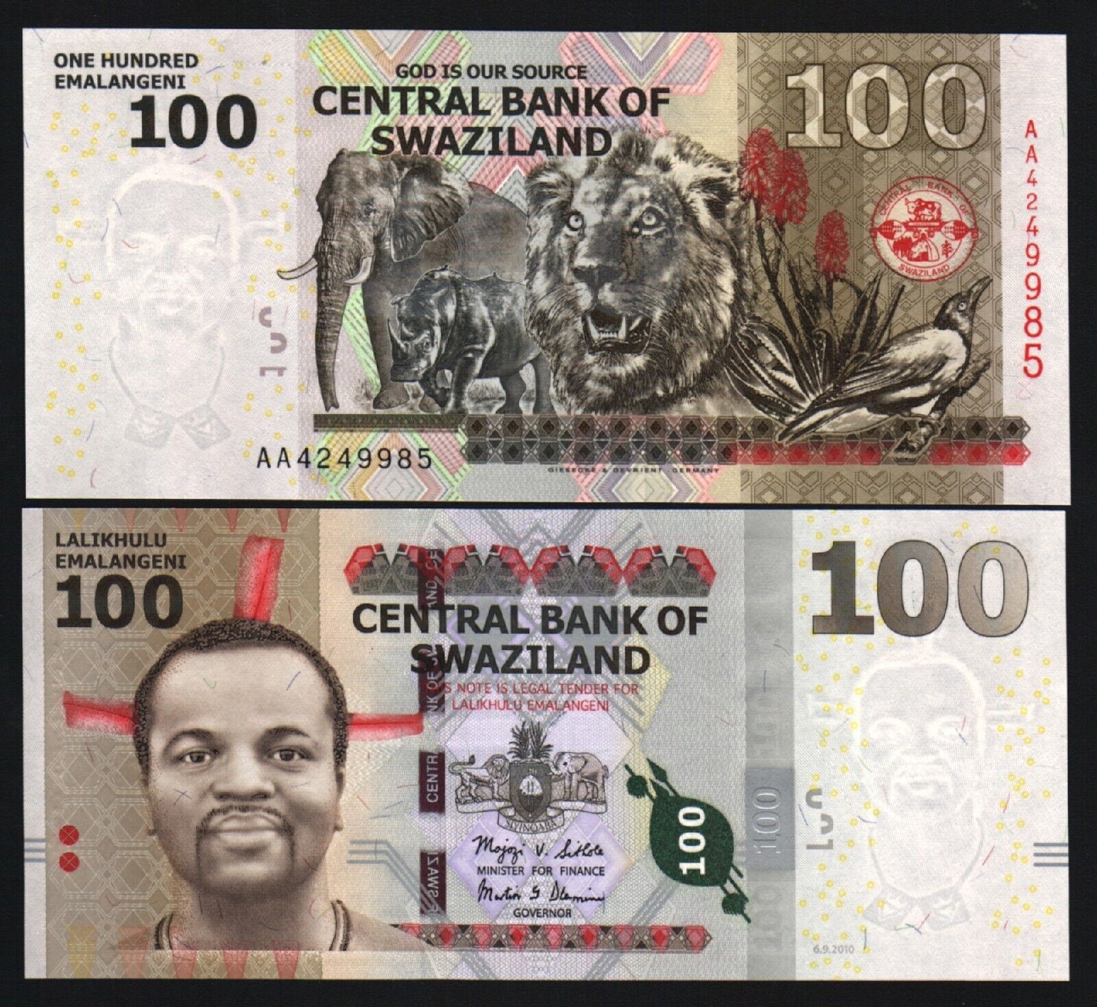 Swaziland 100 EMALANGENI P-39 A 2010 Elephant Lion Rhino AA Wild Animal UNC NOTE