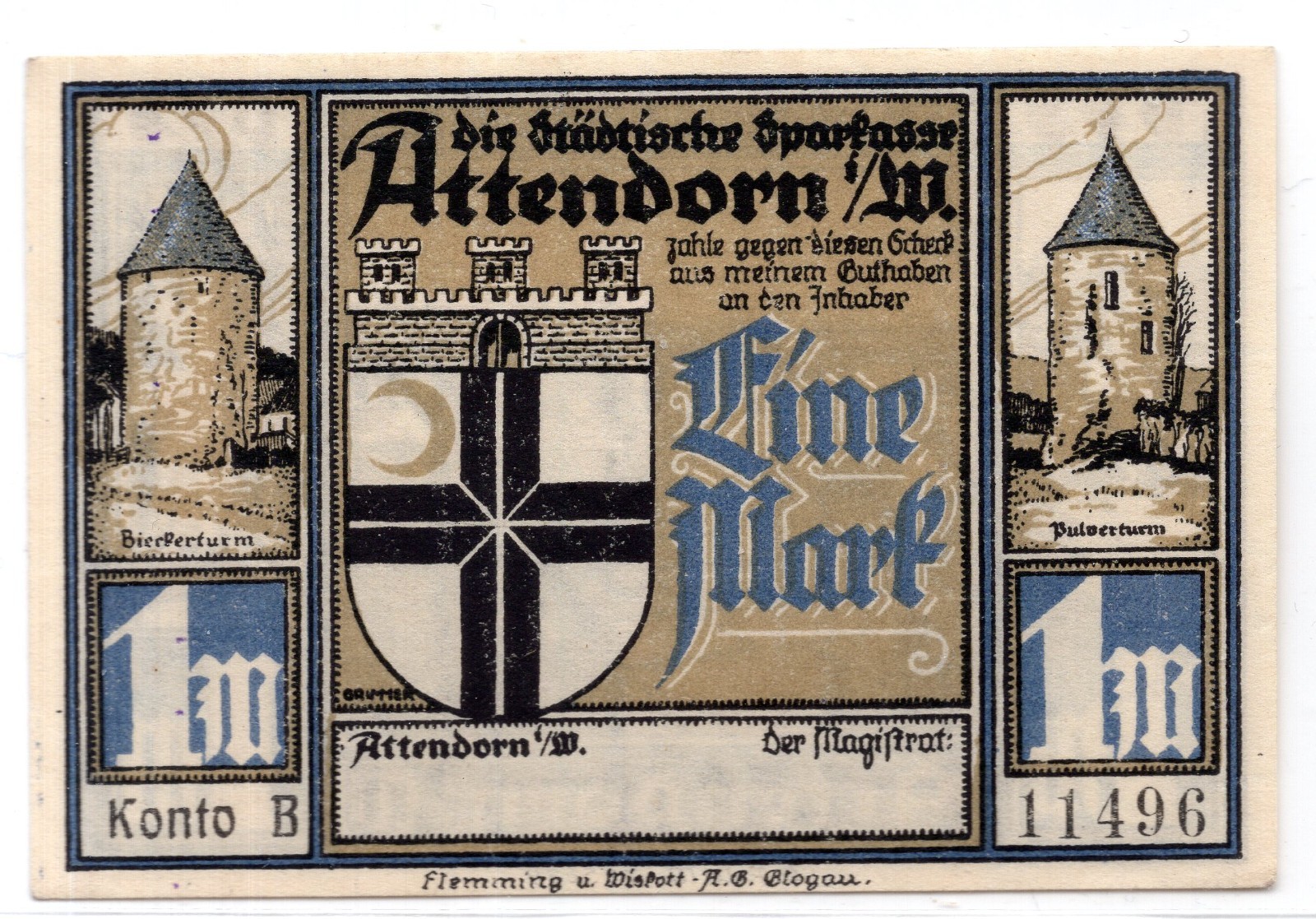 1922 Germany Attendorn Notgeld 1 Mark Note (NG169)
