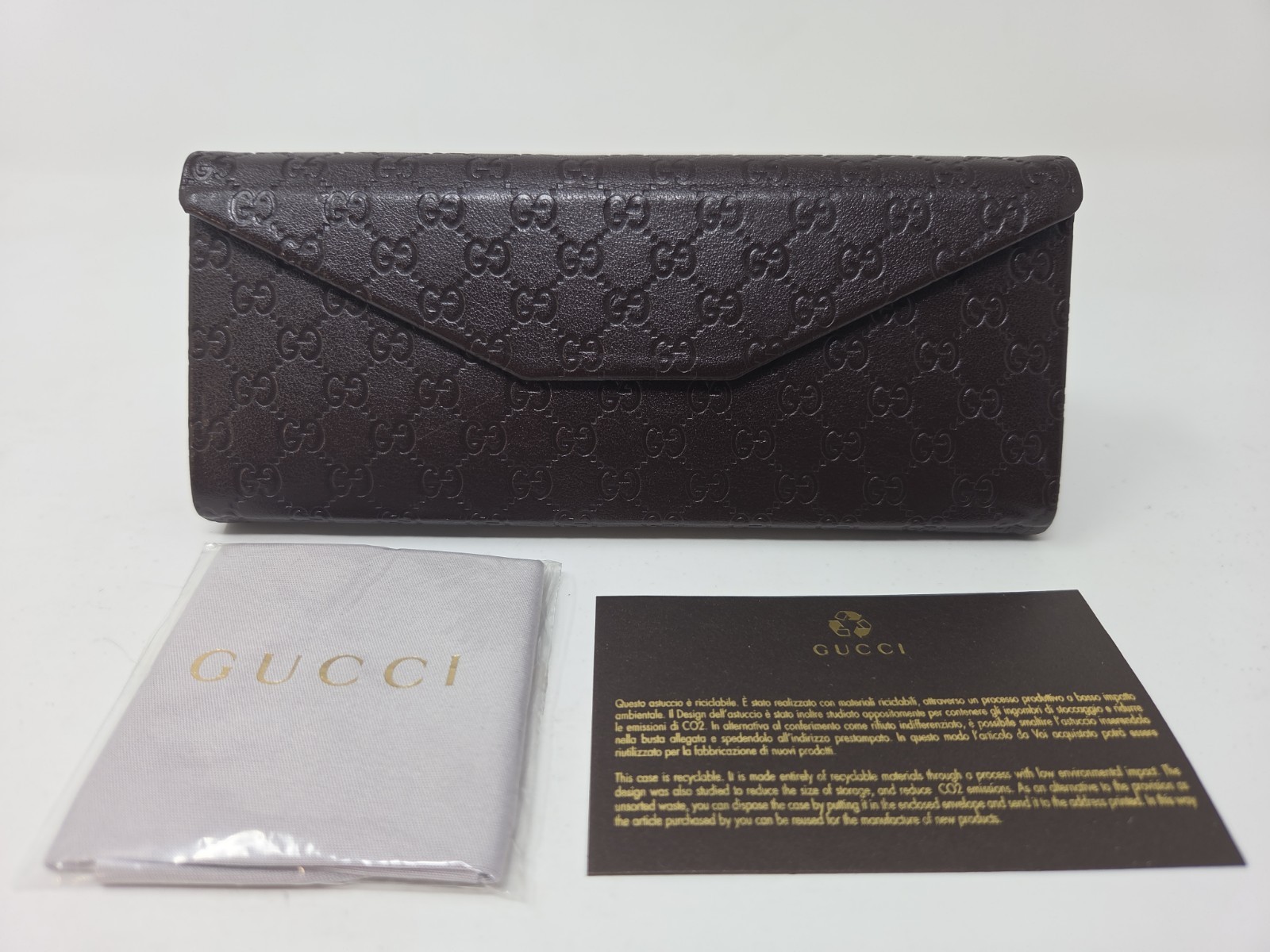 GUCCI Foldable Eyeglass / Sunglass Case Trifold Brown Embossed logo, w/Cloth NEW