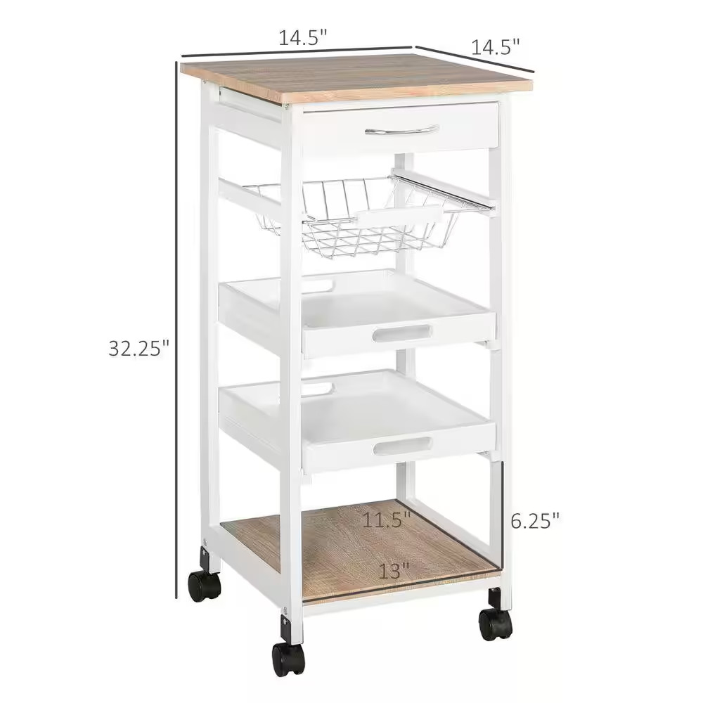 5-Tier Solid Wood 4-Wheeled Mobile Kitchen Cart with Storage, Wire Fruit Baskets