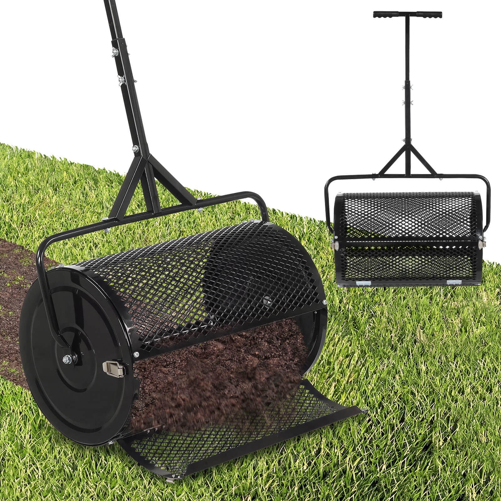 24” Compost Spreader with Height-Adjustable T-Shaped Handle for Lawn, Garden