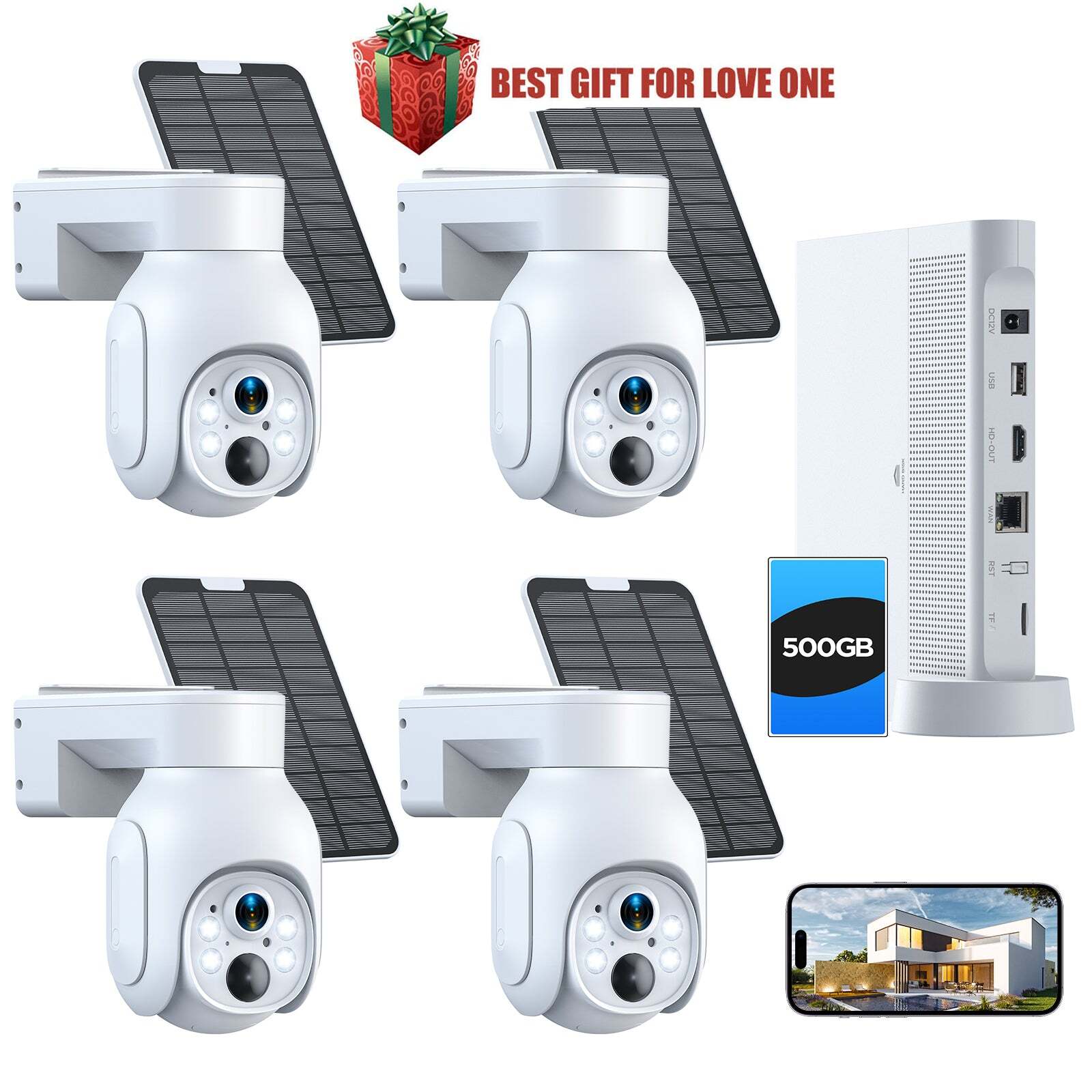 Wireless Solar Powered Security Camera System Outdoor 4MP PTZ HDMI Output NVR