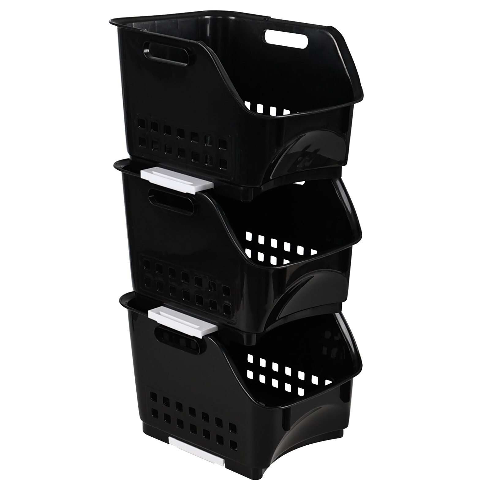 3 Packs Plastic Stacking Storage Basket, Large Detachable Stacking Bins, Black