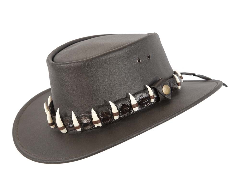 Brown Australian Jacaru Outback Leather Hat 15 Crocodile Teeth Crocodile Dundee