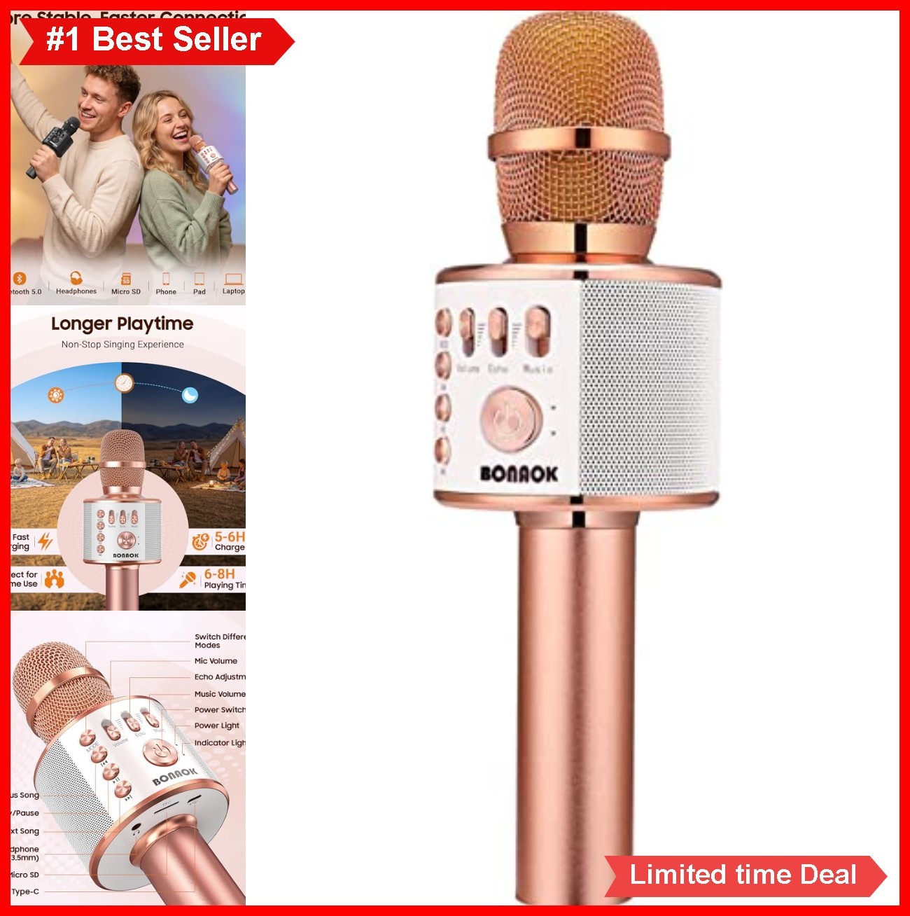 Wireless Bluetooth Karaoke Microphone 3-in-1 Portable Handheld Speaker with