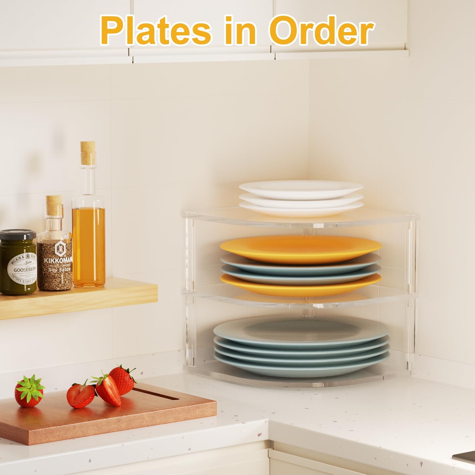 Acrylic Plate Organizer for Cabinet Kitchen Countertop Corner Clear Cabinet O...