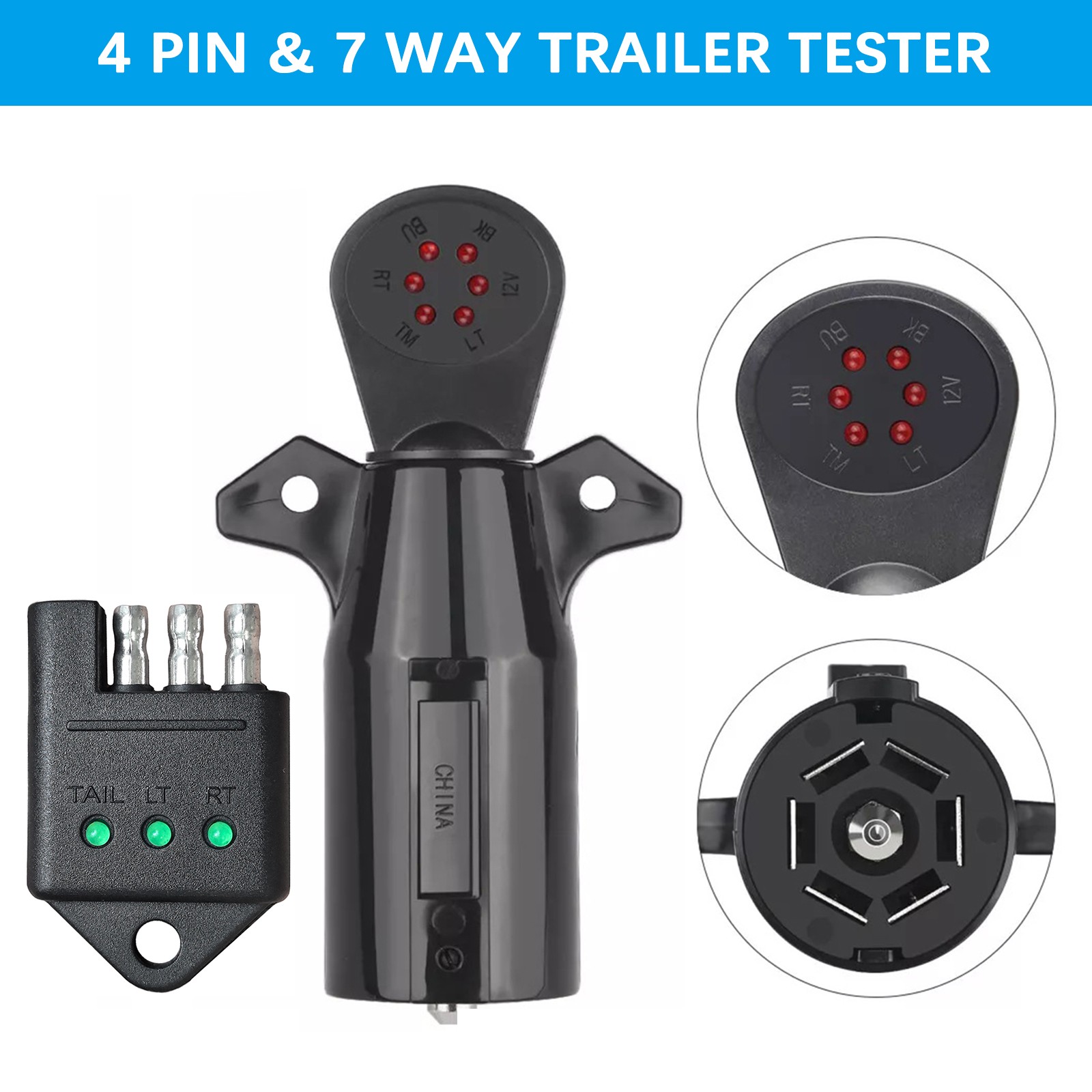 7 Way 4 Pin Flat Round RV Blade Trailer Wiring Tester Light Connector Test Plug