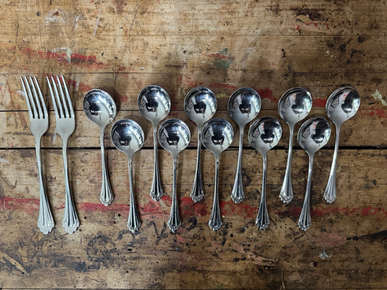 Oneida Community “Marquette” Stainless Soup Spoons And Dinner Forks (set Of 13)