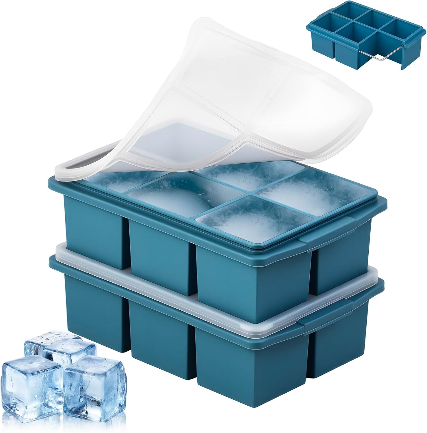 Large Ice Cube Trays for Whiskey (2 Pack) - Silicone Ice Cube Molds with Steel F