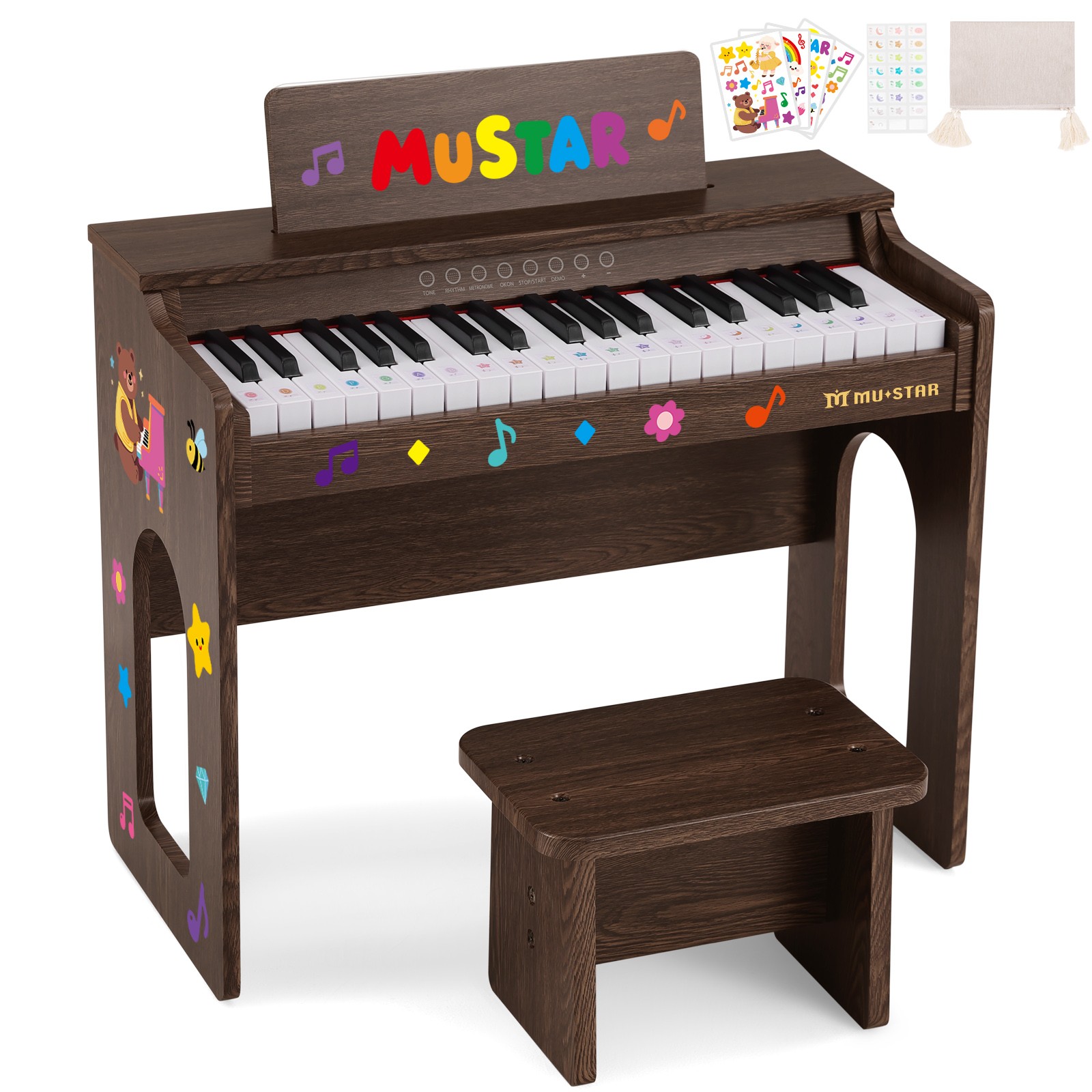 Brown Wood 37Key Kids Digital Piano Keyboard Toddler Toys w/Stool,Stickers,Cover