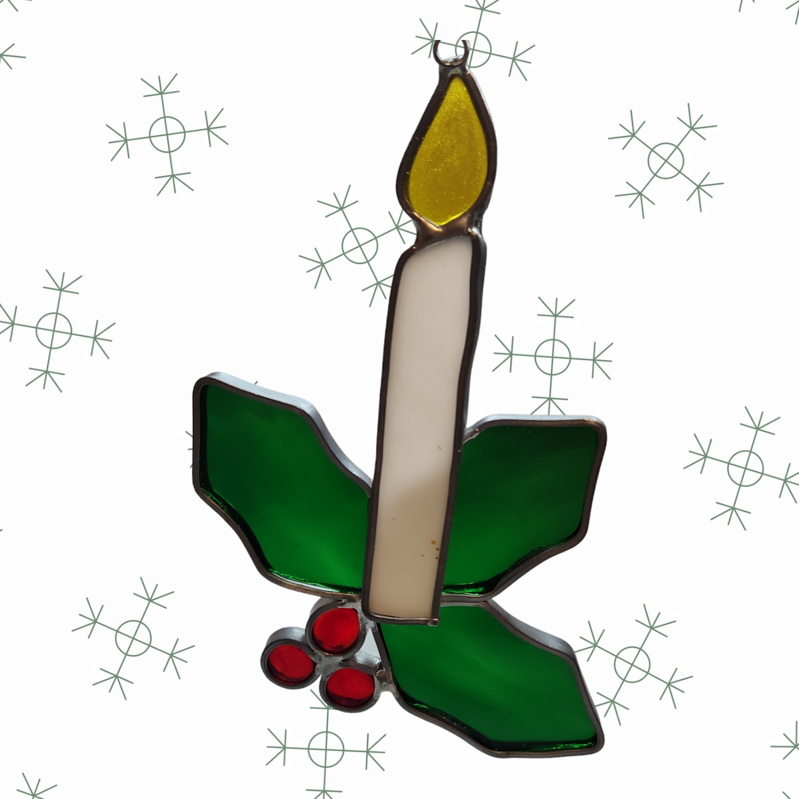 Stained Glass Suncatcher Candle & Holly With Berries - Lot Of 2 - 7.25" x 4"