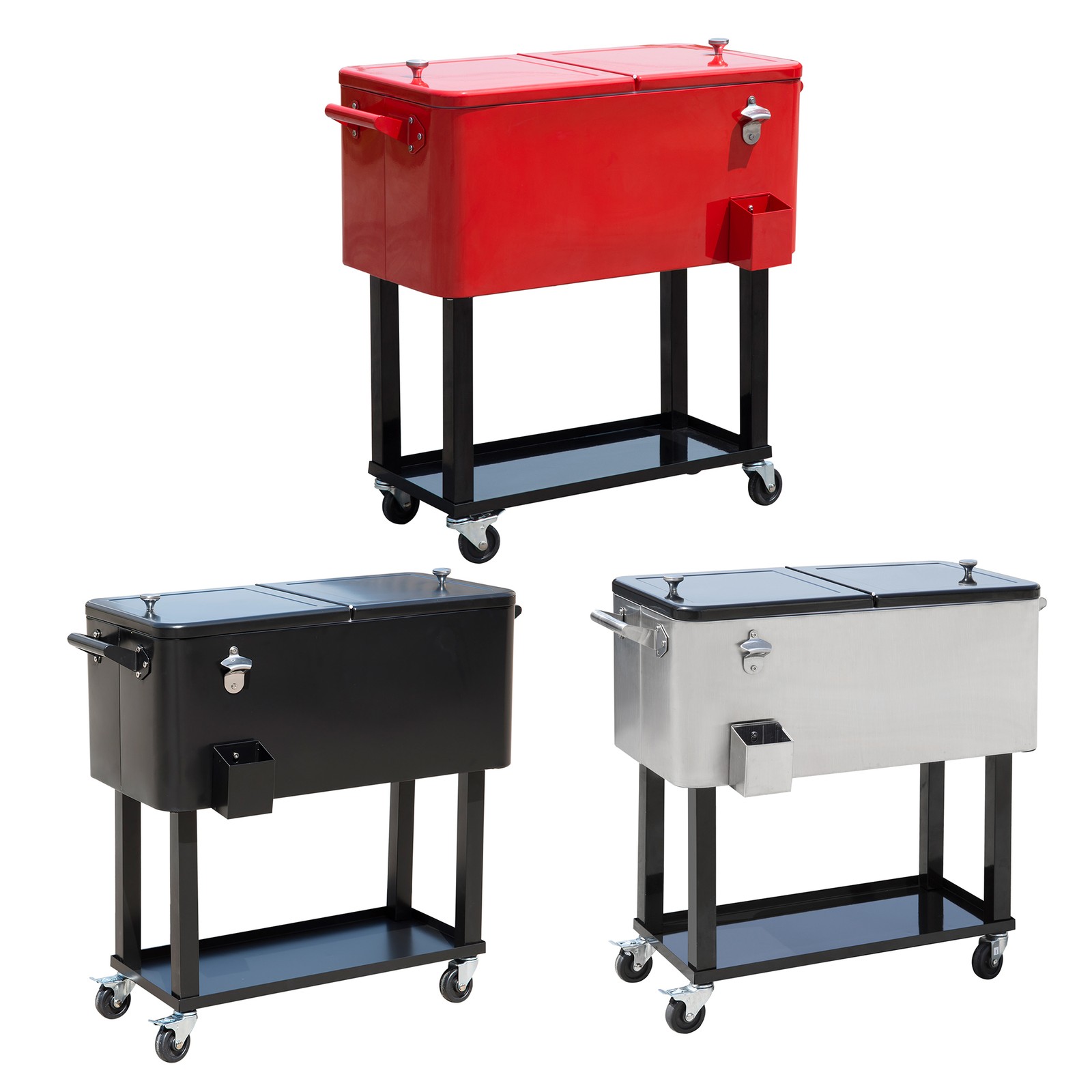 Outdoor 80 Quart Portable Rolling Patio Steel Party Cooler Cart Ice Chest