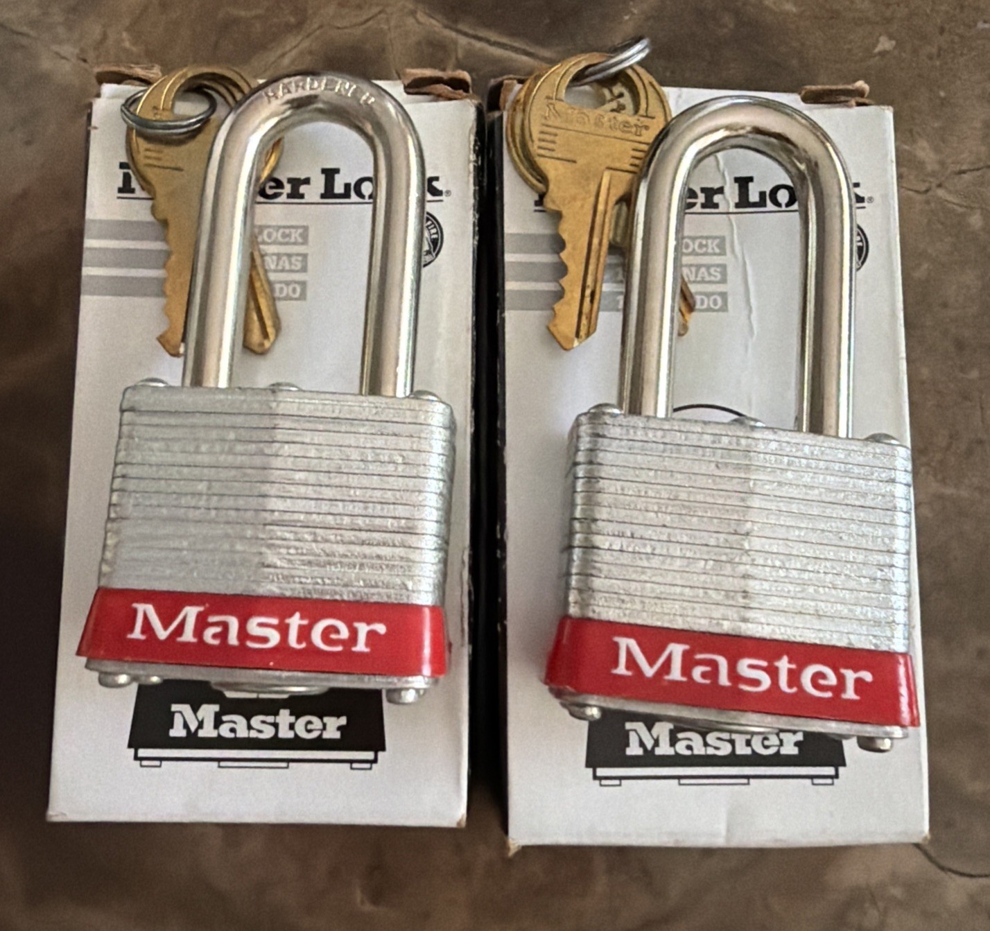 (QTY 2) Master Lock Laminated Steel Padlock Keyed Alike RED w/ Keys