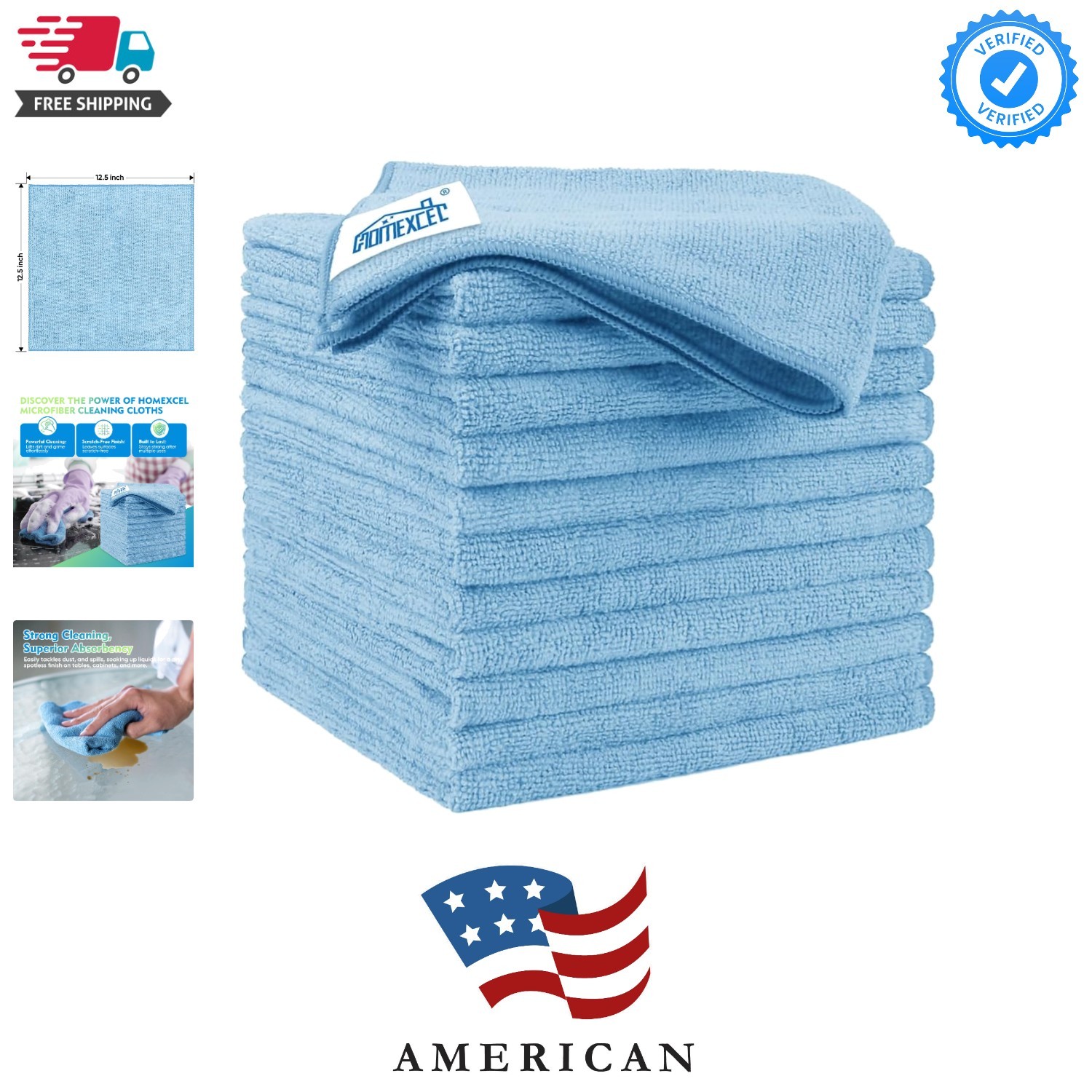 Blue Microfiber Cleaning Cloth 12 Pack, 12.5 x 12.5 inch Microfiber Towels fo...