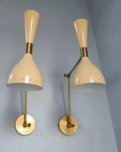 Mid Century 1950's Brass Wall Sconce Lamp Italian Stilnovo Lighting Pair of 2
