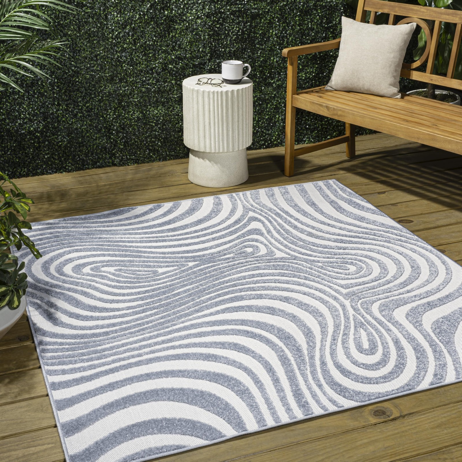 Maribo High-Low Abstract Striped Light Blue/Ivory 8x8 Square Indoor/Outdoor A...