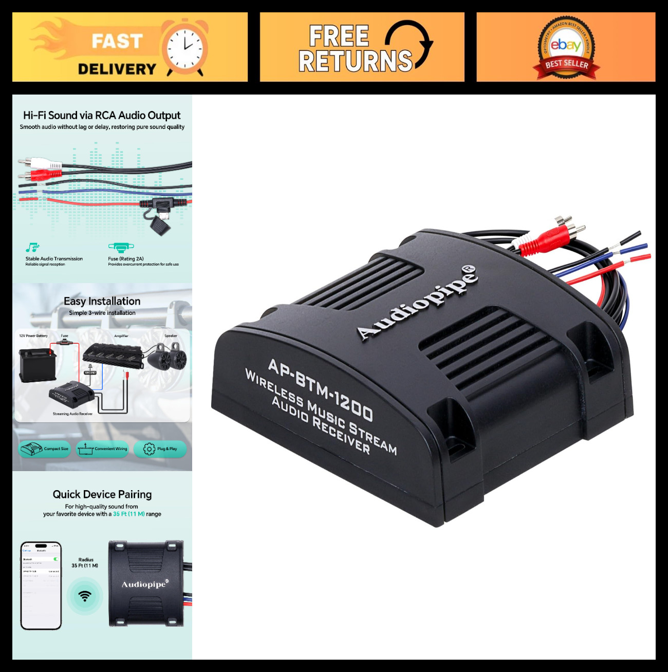 Wireless Marine Audio Receiver, Bluetooth 5.0 Adapter, RCA Outputs for ATV, UTV,